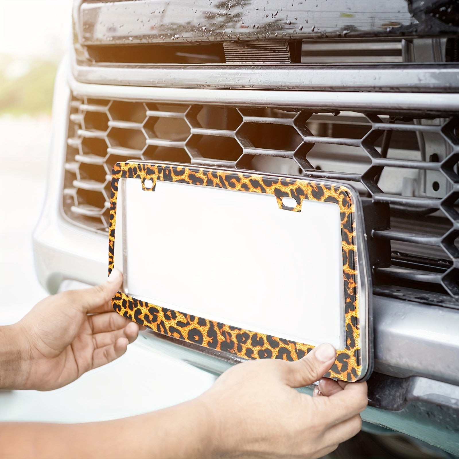 10pcs Leopard Print Car Accessory Set - Diamond Cheetah Design with Steering Wheel, Seat Belt Covers, License Frame, Armrest Pad, Cup Holder, Keyring & Bracelet for SUVs and Trucks - Fashionable & Stylish - For Car Enthusiast